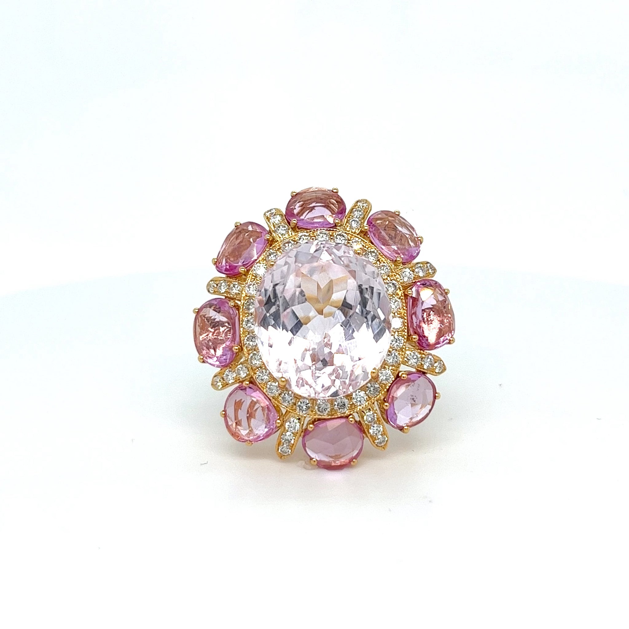 One-of-a-Kind 18kt Gold Center Kunzite with Pink Sapphires and Diamonds Cocktail Ring