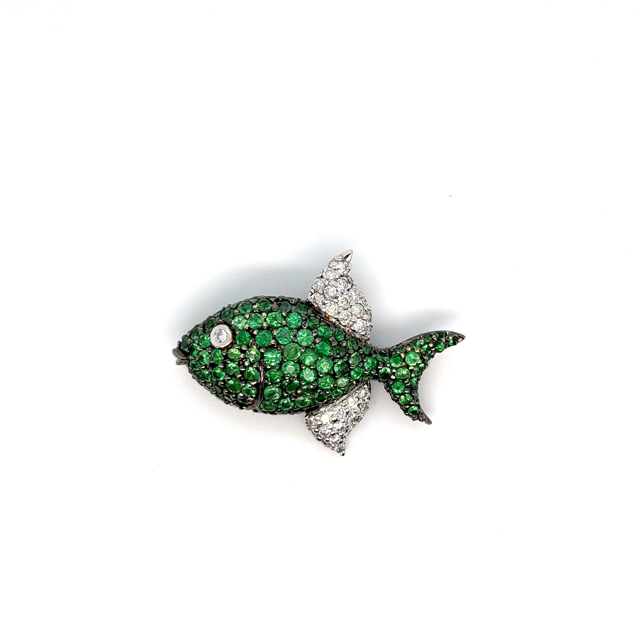18kt White Gold Fish Pin with Green Tsavorites and Diamonds