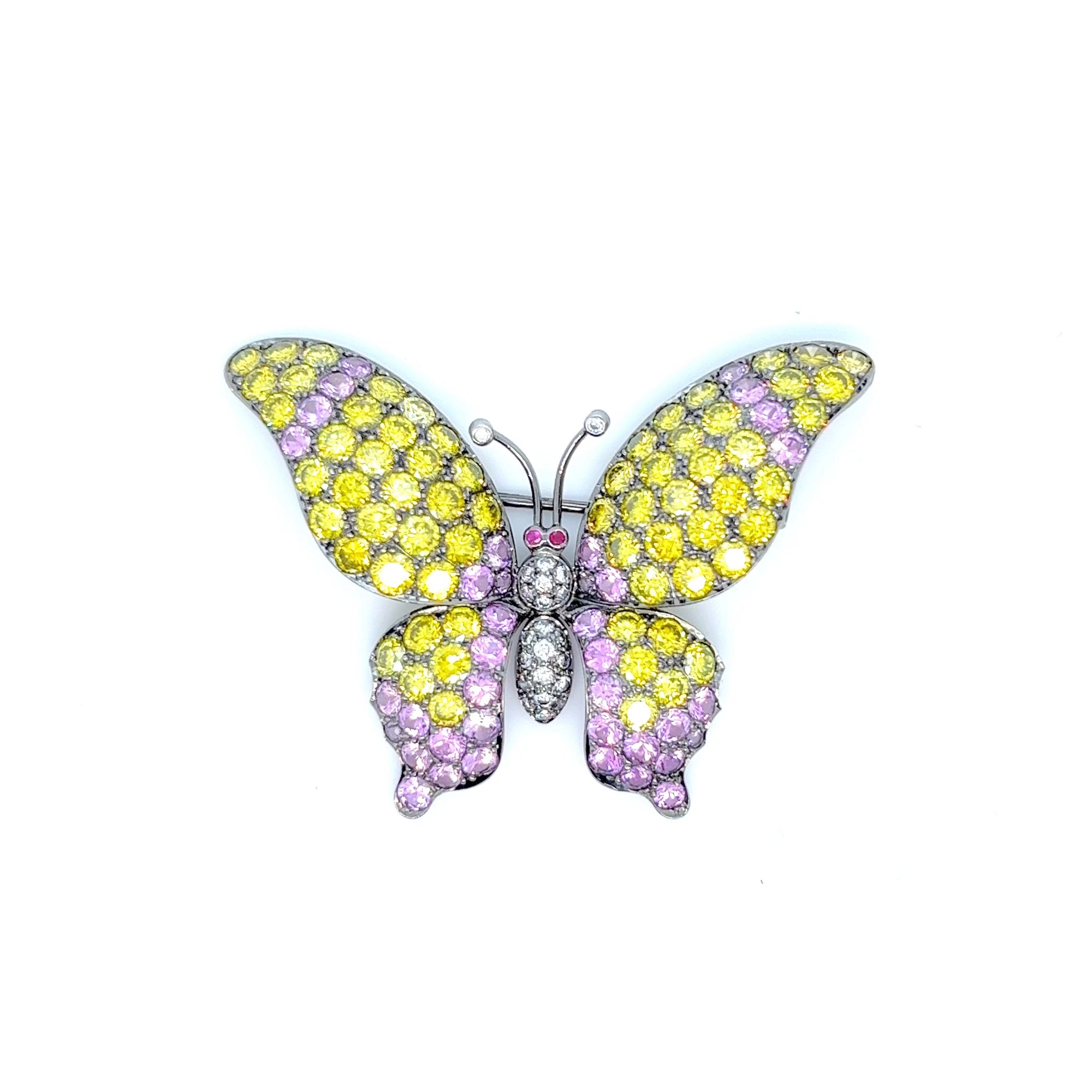 18kt White Gold Butterfly Pin with Fancy Yellow and White Diamonds