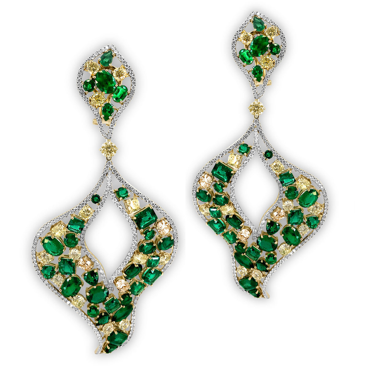 Important Emerald and Fancy Yellow & White Diamond Earrings