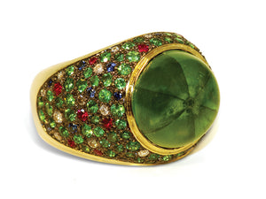 One-of-a-kind Tutti Frutti 18kt Green Gold Trapiche Emerald Cocktail Ring