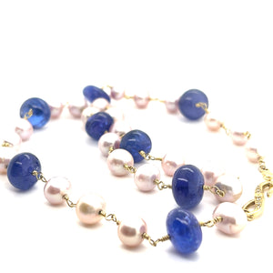18Kt Green Gold Tanzanite with pink pearls 24" Handcrafted Necklace