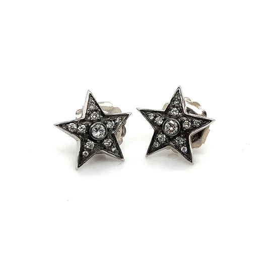18kt White Gold 5 Pointed Star Pave Diamond Black Rhodium Studs