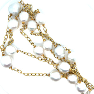 18kt Gold White South Sea Pearls Solid Cable Link Necklace
