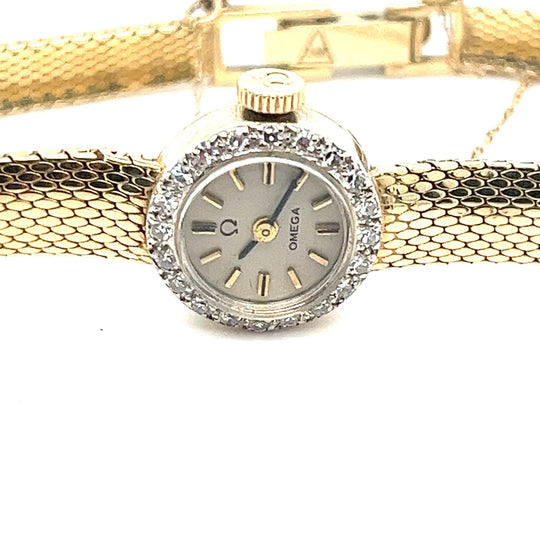 1950s 14kt Gold Mini Omega Watch with Diamonds