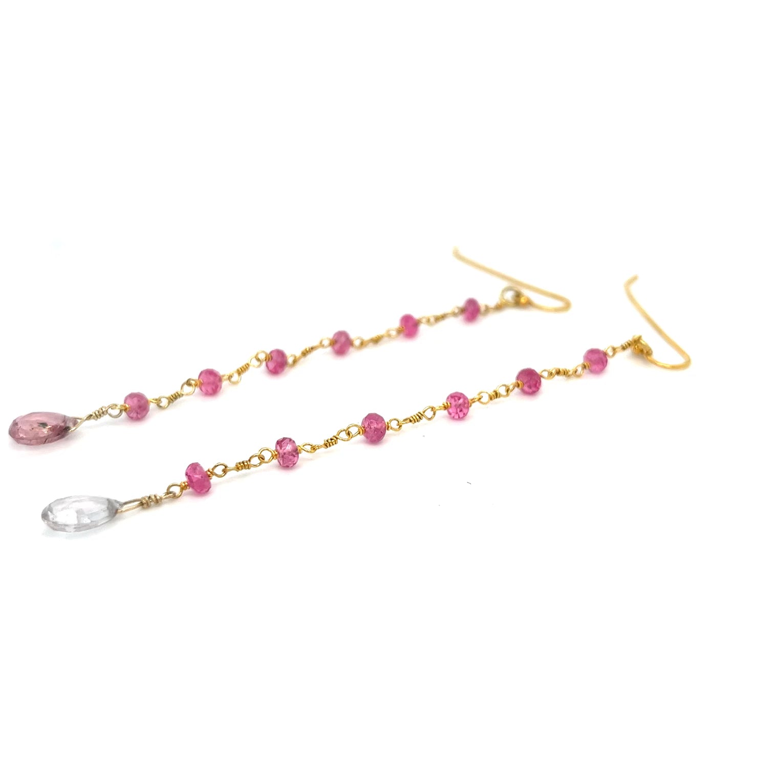 18kt Gold Handmade Hand Wrapped Pink Spinel and Mismatched Pink and Blue Tourmaline Briolettes Earrings