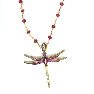 18kt Green Gold Ruby Dragonfly Charm on 29" Ruby Wrap Necklace