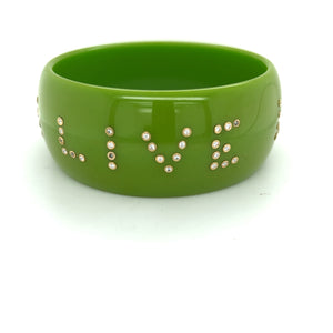 Apple Green Bakelite Bangle with Diamonds "Live, Love, Laugh"
