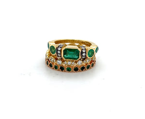 Low Profile 5 Stone Colombian Emerald and Diamond Stacking Band