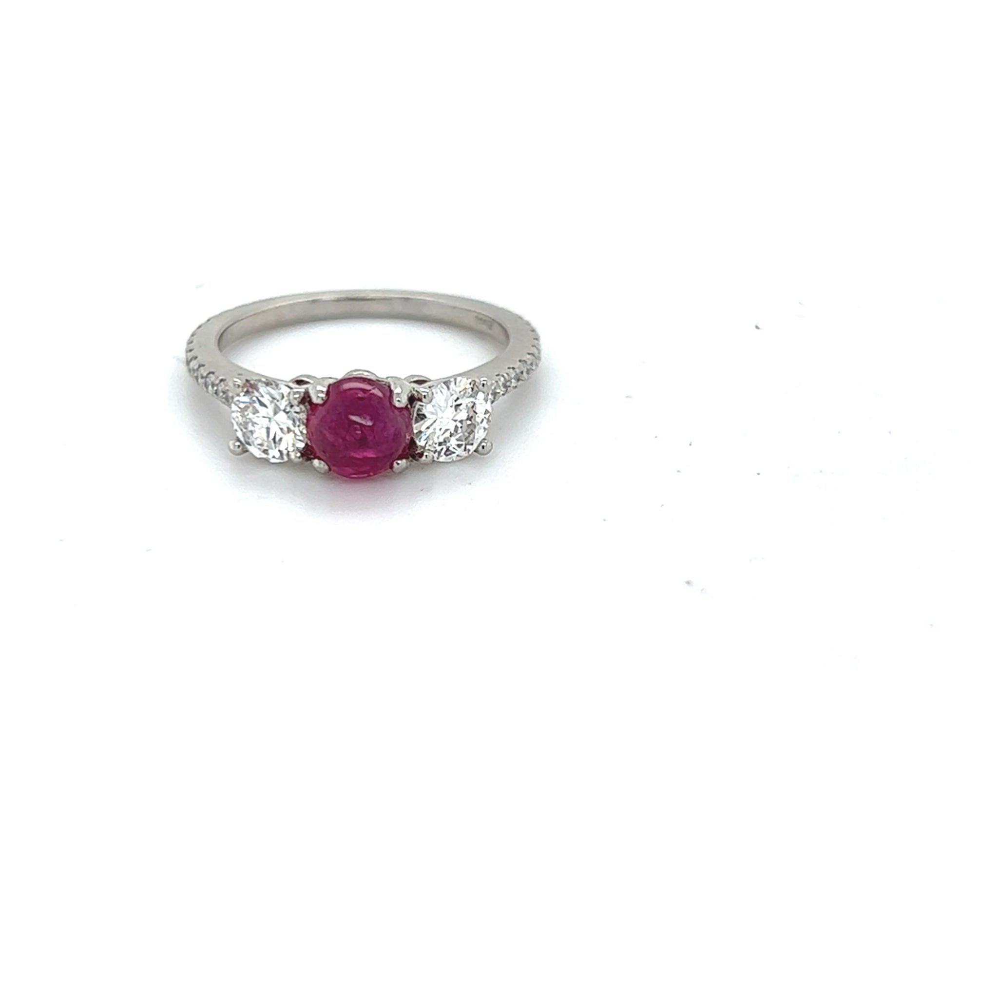 Low Profile 3 Stone Cabochon Burmese Ruby and Diamond Stacking Ring