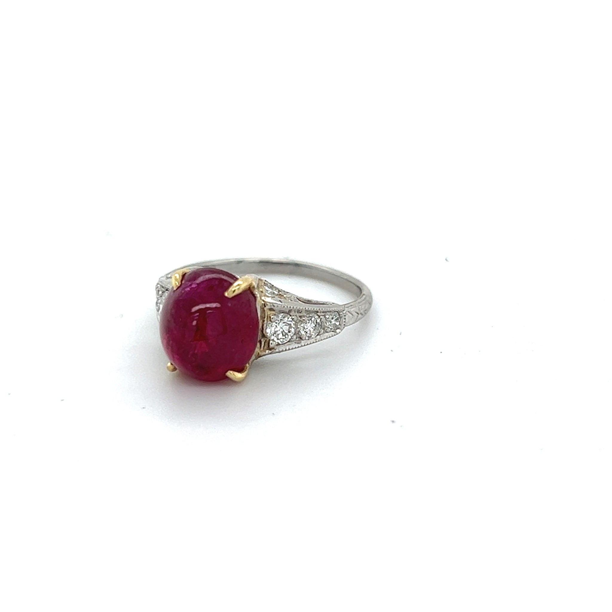 Low Profile Oval Cabochon Burmese Ruby and Diamond Stacking Ring