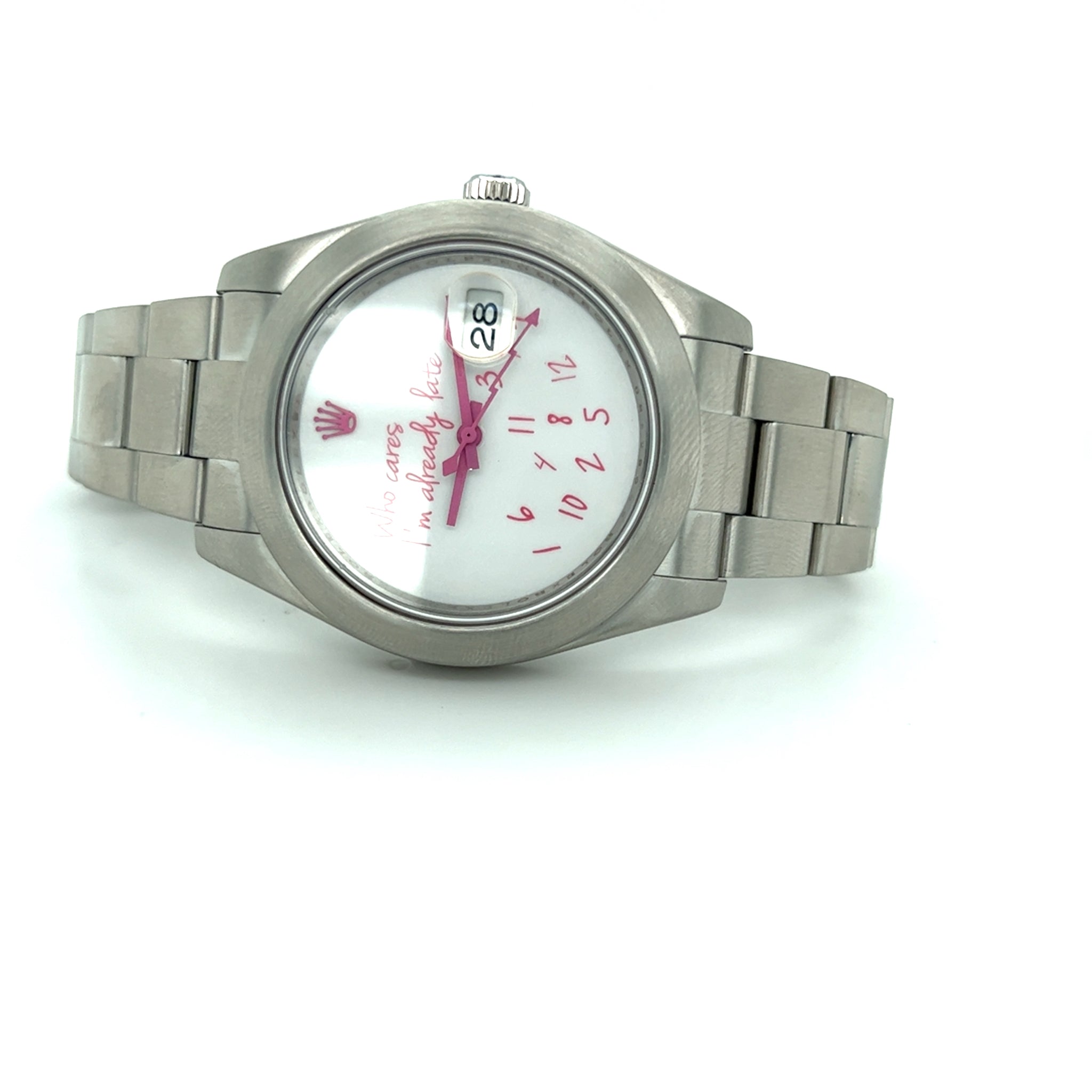 Exclusive 41mm Rolex Datejust "Who cares I'm already late" custom dial pink