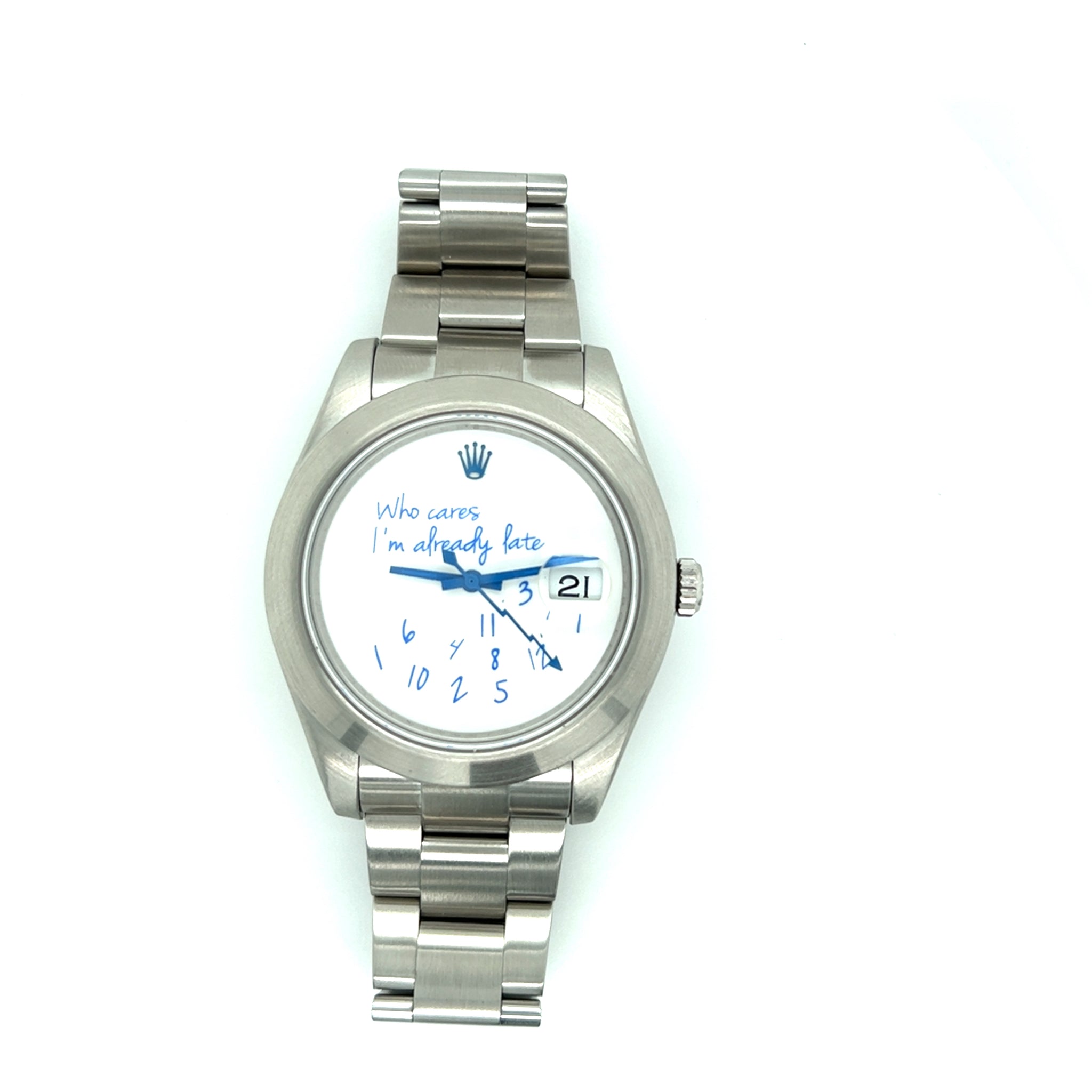 Exclusive 41mm Rolex Datejust "Who cares I'm already late" custom dial blue font