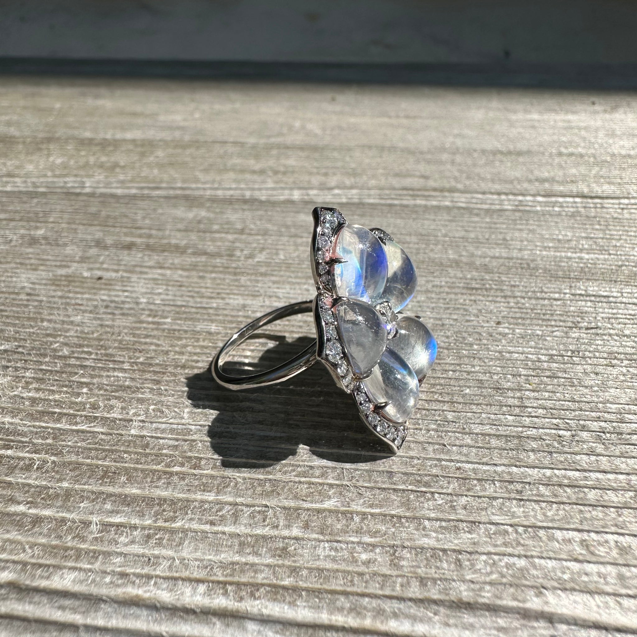 Platinum Flower Ring with Moonstone and Diamond Peridot