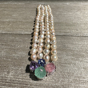 Salt Water Cultured Pearl Bracelet with Diamonds, Pink Tourmaline Cabochon, Amethyst, Colombian Emerald and Tanzanite