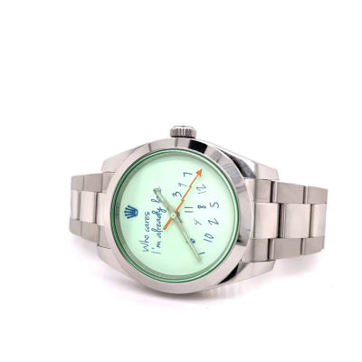 2020 Exclusive 40mm Rolex Milgauss "Who cares I'm already late" custom dial blue font III + Blue Z Birth Dial