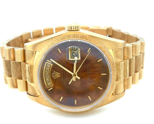 1979 Rolex Day-Date 18078 Yellow Gold Rare Burl Wood Dial Bark Finish