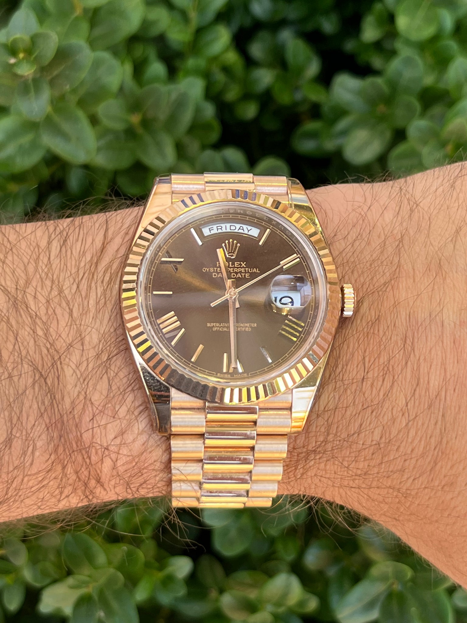 2019 Rolex Day-Date 40 228235 Rose Gold Chocolate Roman Numeral Dial