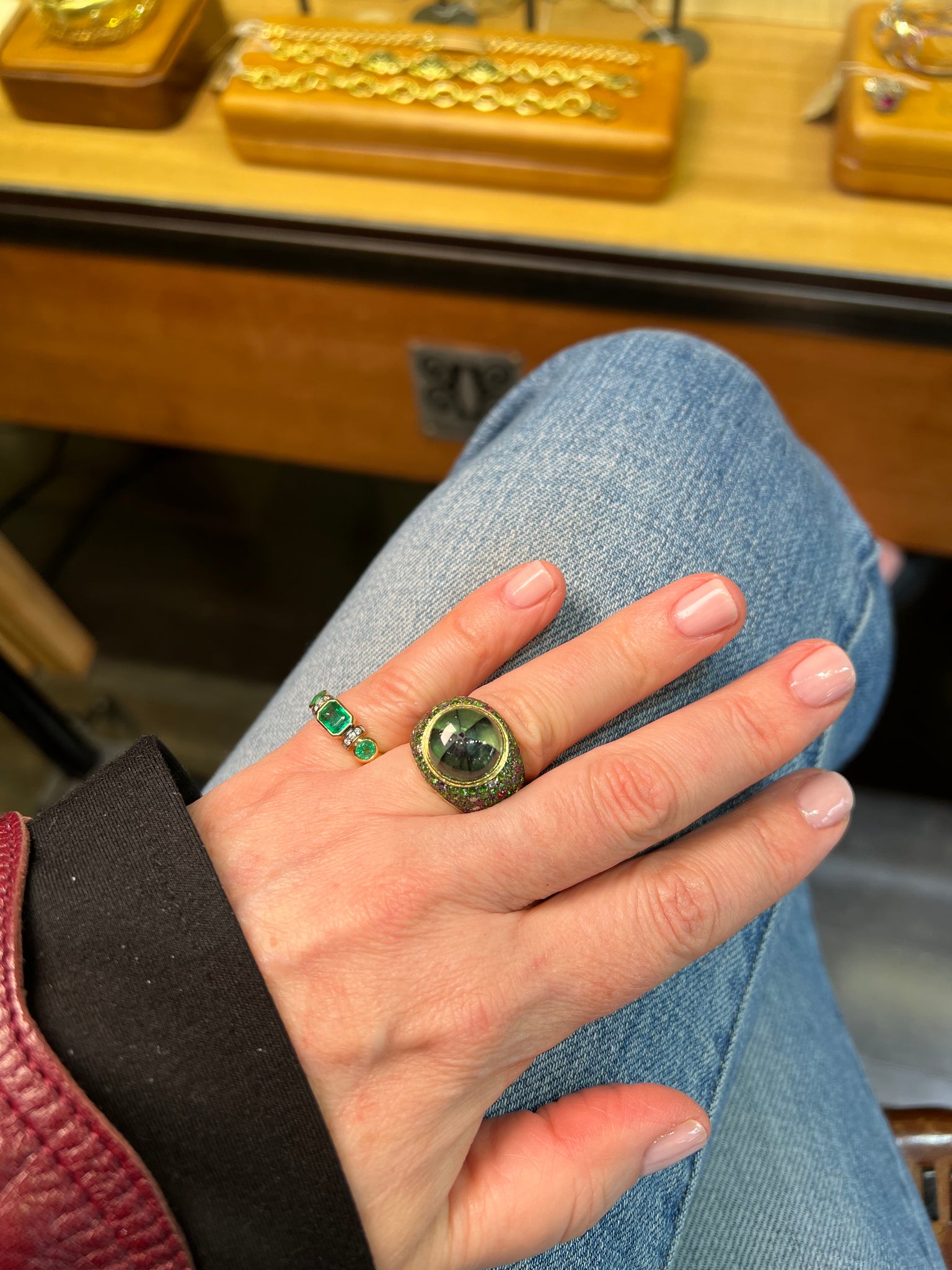 One-of-a-kind Tutti Frutti 18kt Green Gold Trapiche Emerald Cocktail Ring