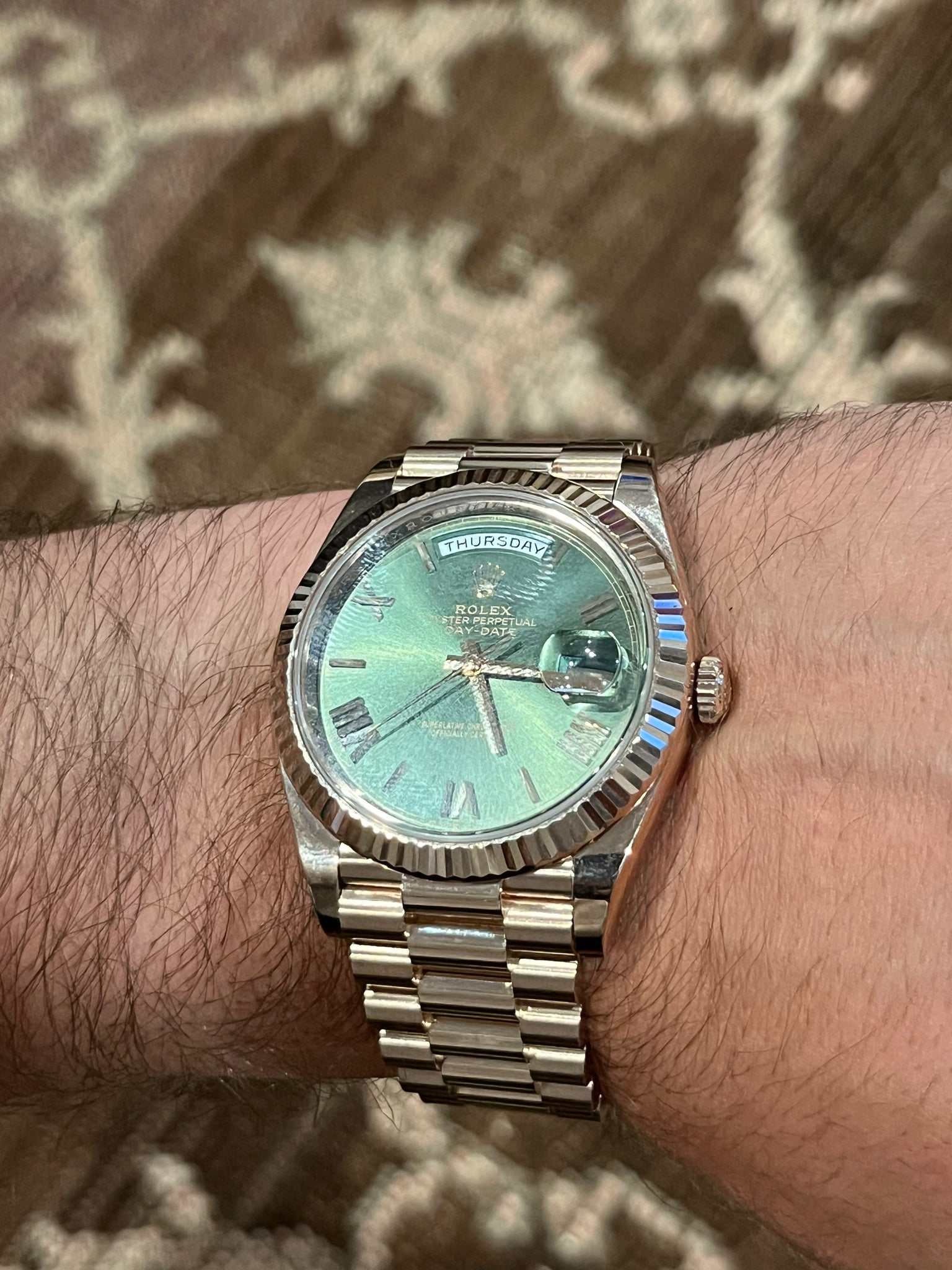 2020 Rolex Day-Date 40 228235 Rose Gold Olive Green Dial