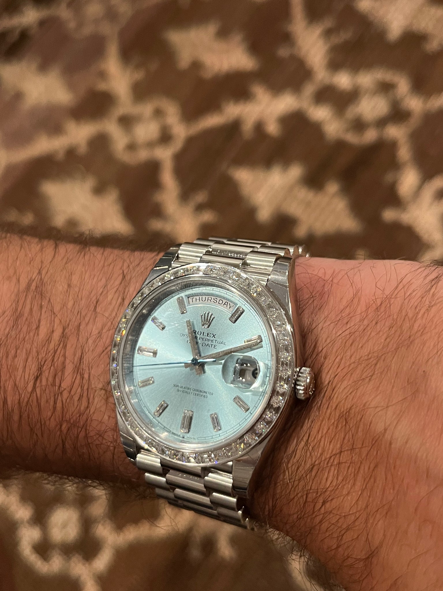 2025 Rolex Day-Date 40 228396TBR Platinum Ice Blue Diamond Dial Diamond Bezel