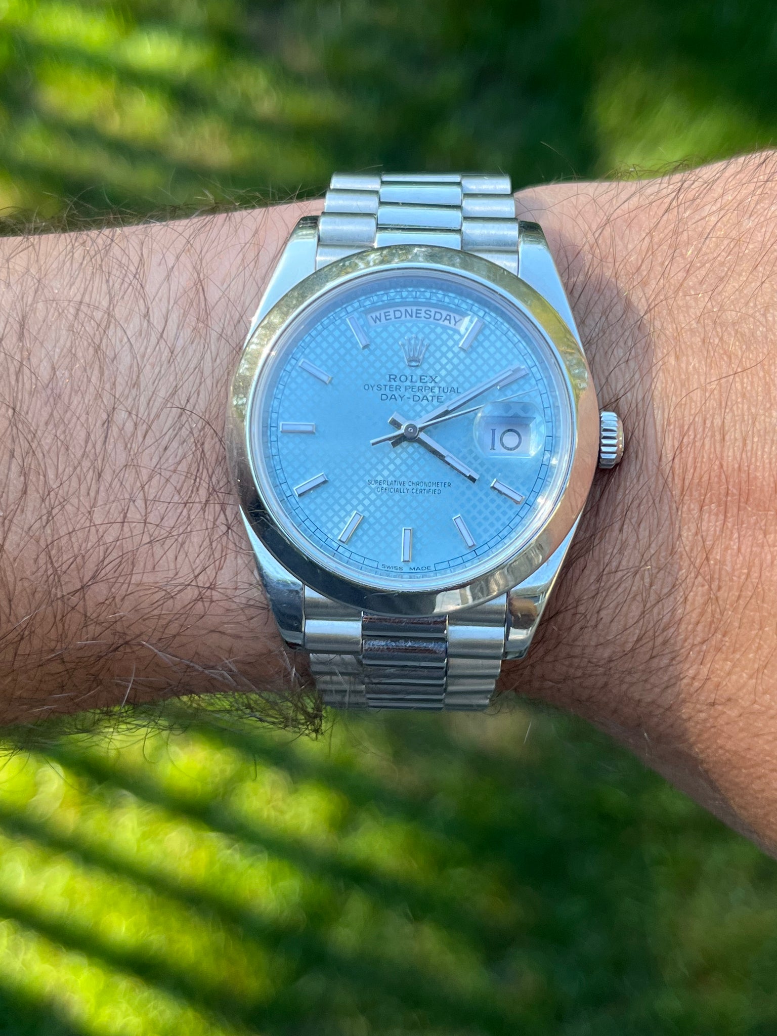 Rolex Day-Date 40 228206 Platinum Ice Blue Diagonal Motif Dial