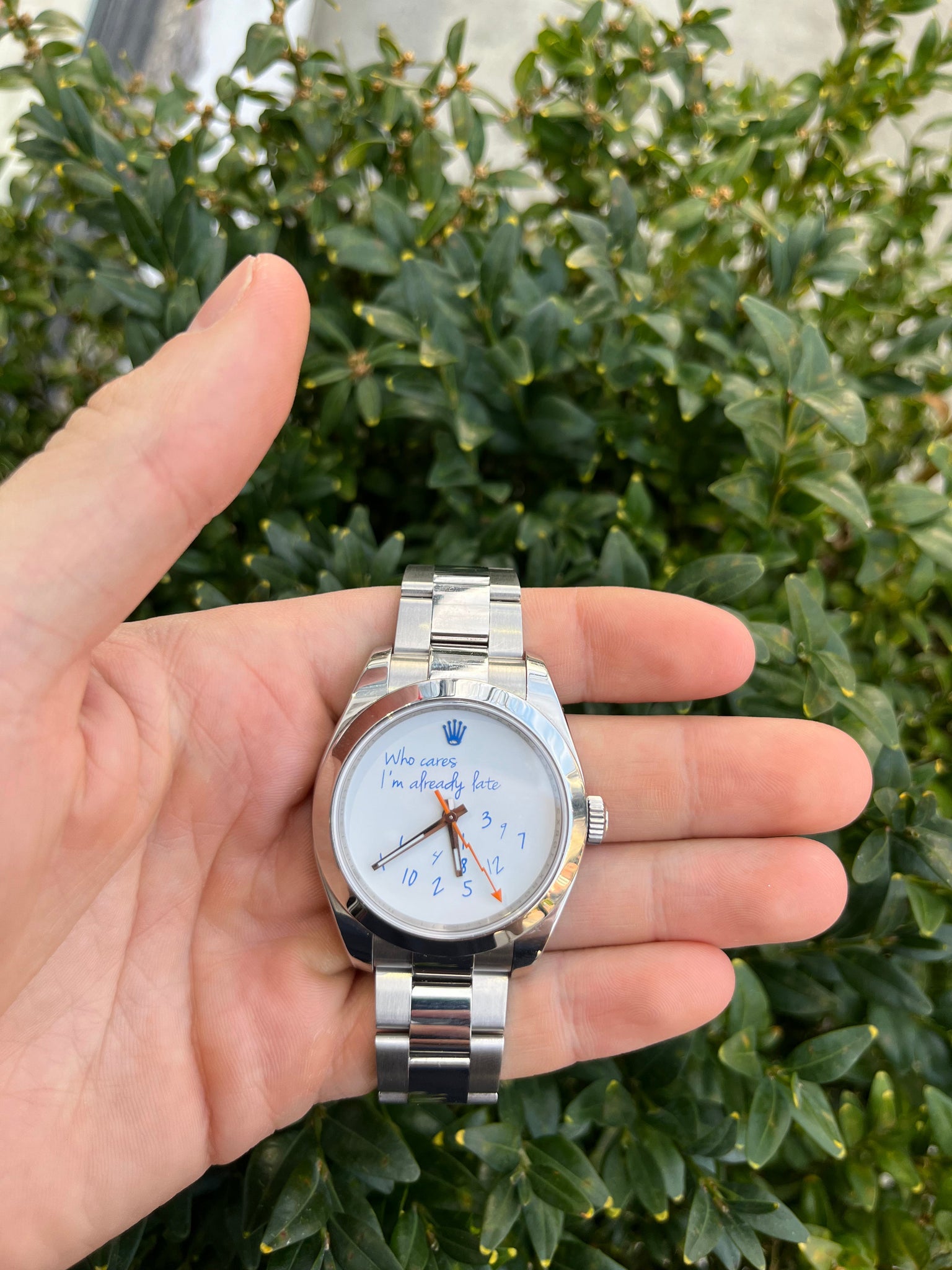 Exclusive 40mm Rolex Milgauss "Who cares I'm already late" custom dial blue font IV