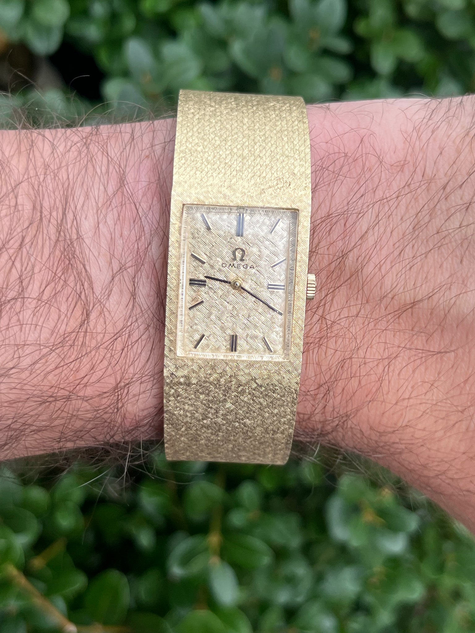 1960's Omega Rectangle Watch 14kt Yellow Gold Gold Dial Mesh Band