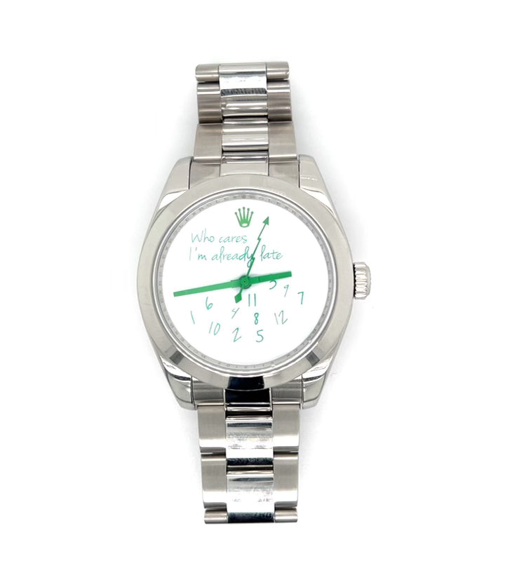 Exclusive 40mm Rolex Milgauss "Who cares I'm already late" custom dial green font