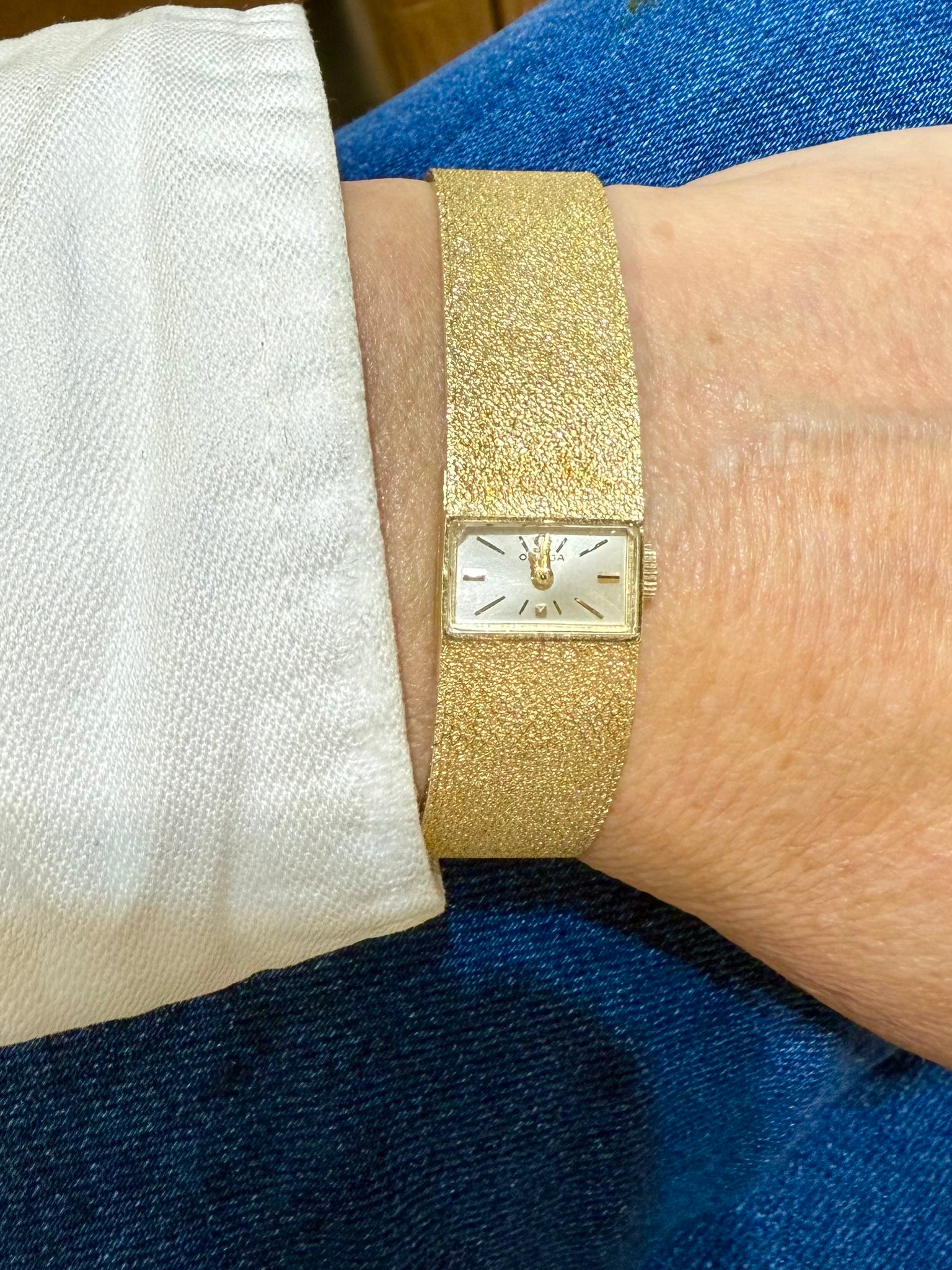 1960's Omega Mini Rectangle Watch 14kt Yellow Gold Gold Dial Mesh Band