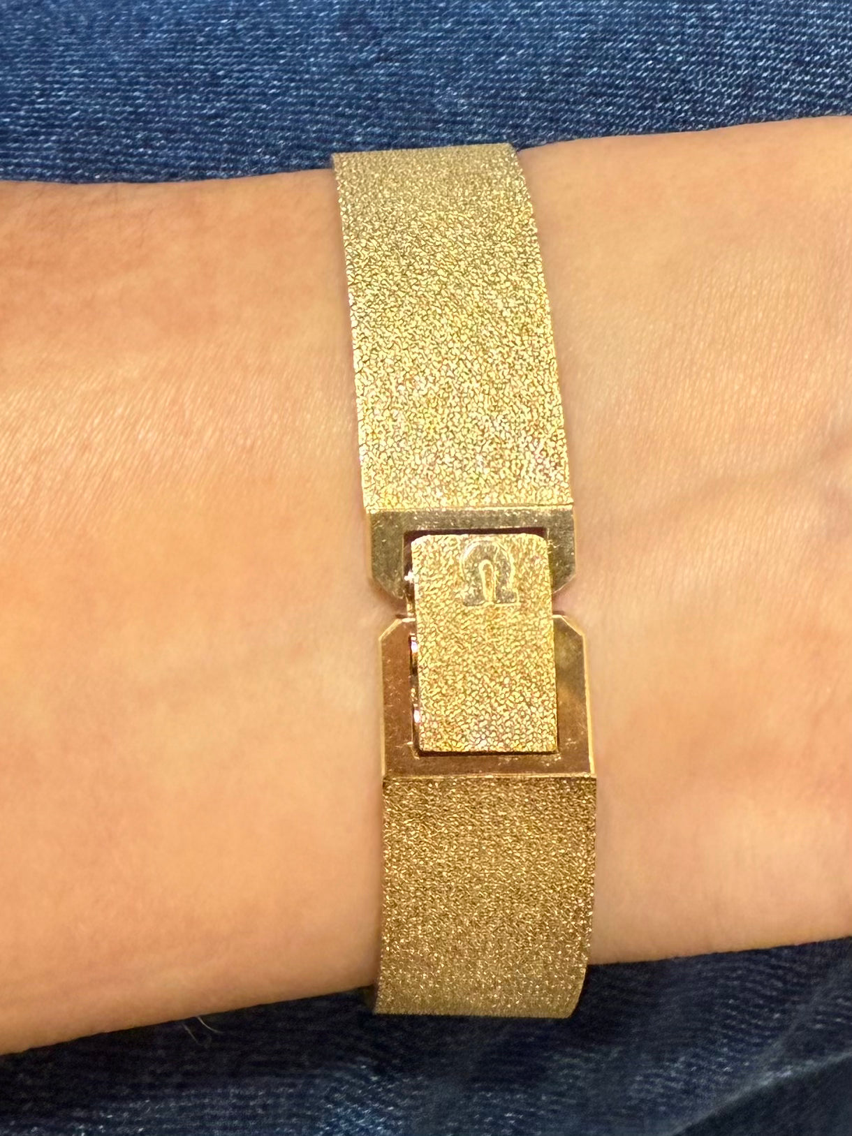 1960's Omega Mini Rectangle Watch 14kt Yellow Gold Gold Dial Mesh Band