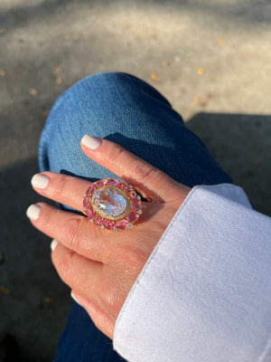 18kt Yellow Gold Kunzite Sapphire Diamond Ring