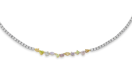 18kt White Gold Diamond Tennis Necklace with Natural Fancy Yellow and Pink Diamonds