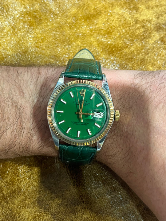 1969 Rolex Datejust 36 Dark Green Two Tone Alligator Strap