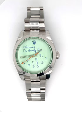 Exclusive 40mm Rolex Milgauss "Who cares I'm already late" custom dial blue font III