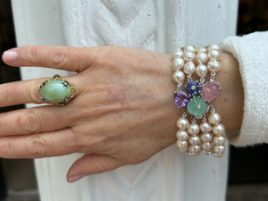 Salt Water Cultured Pearl Bracelet with Diamonds, Pink Tourmaline Cabochon, Amethyst, Colombian Emerald and Tanzanite