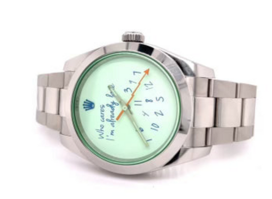 Rolex Milgauss ref 116400GV Who Care's I'm Already Late Blue Font