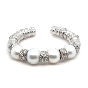 18kt White Gold South Sea Pearl + Pavé Diamond Bangle Cuff