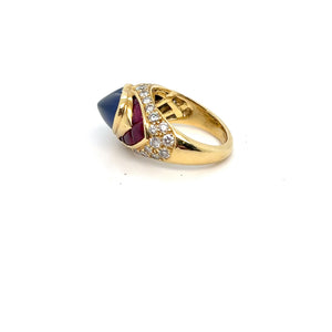 1987 Bulgari 18kt Cabochon Blue Sapphire Ruby and Diamond Ring