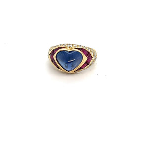 1987 Bulgari 18kt Cabochon Blue Sapphire Ruby and Diamond Ring