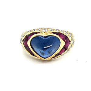 1987 Bulgari 18kt Cabochon Blue Sapphire Ruby and Diamond Ring