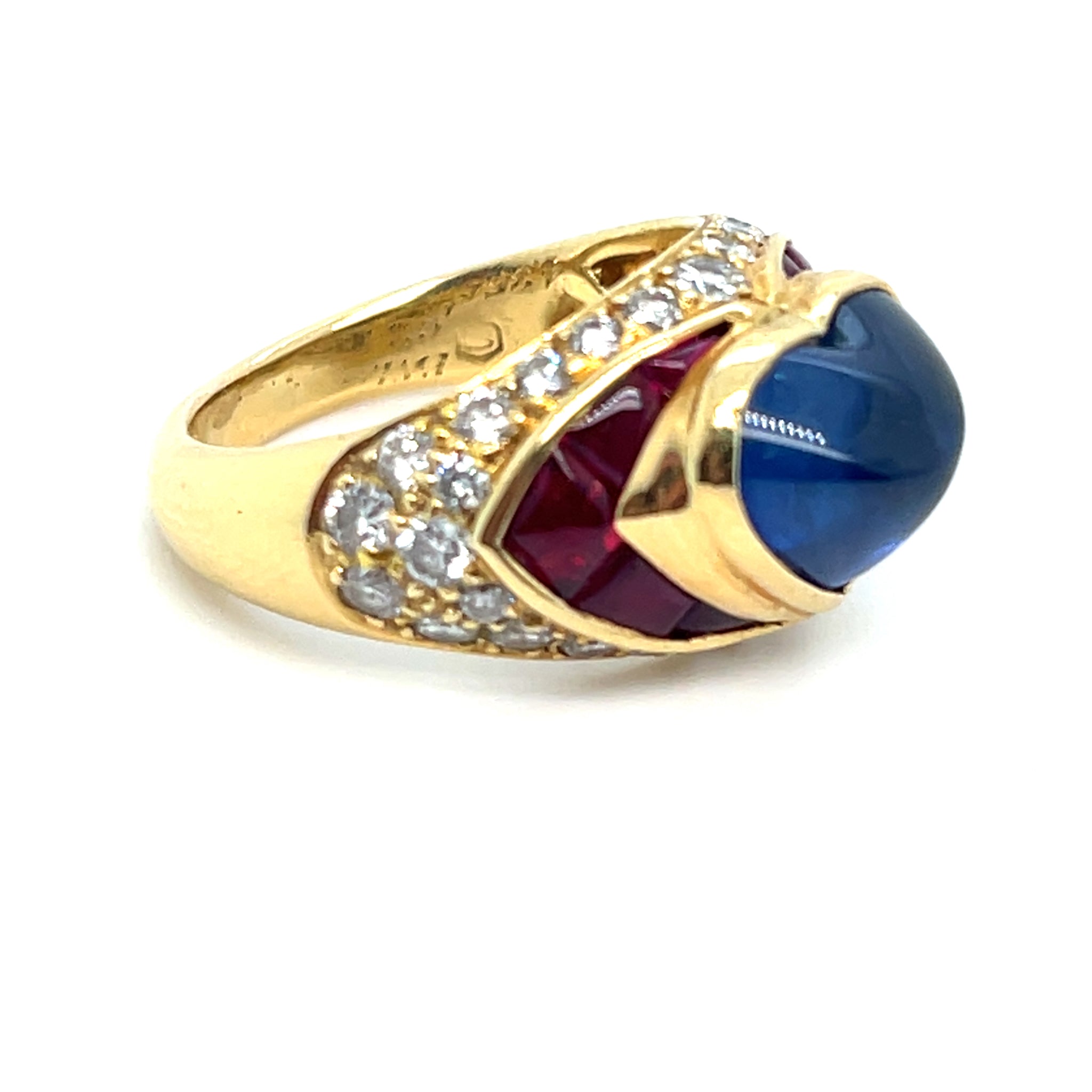 1987 Bulgari 18kt Cabochon Blue Sapphire Ruby and Diamond Ring