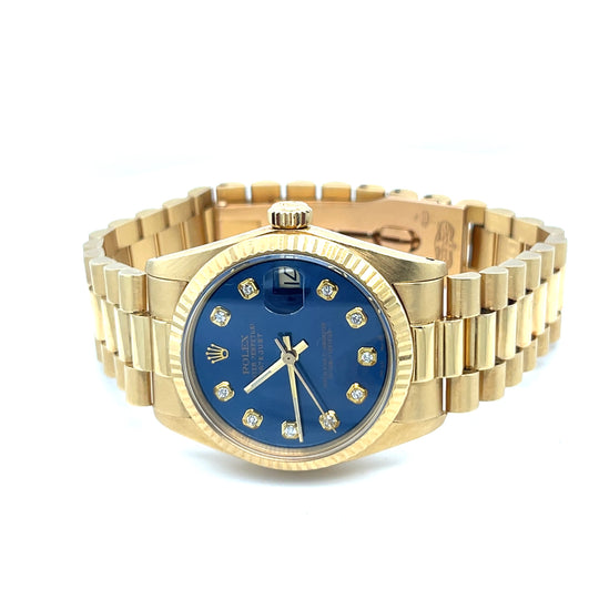 1979 Rolex Datejust 31mm Reference 68278 18kt Yellow Gold Blue Diamond Dial