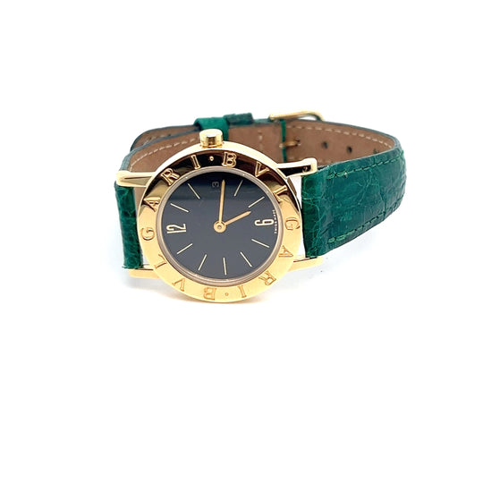 Bulgari BB26 Yellow Gold Black Dial Crocodile Strap