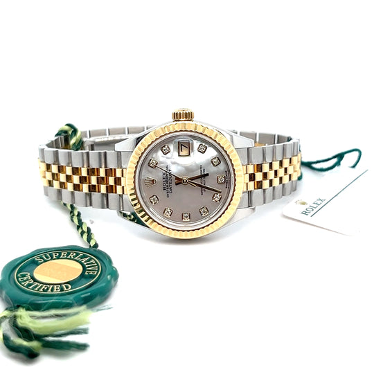 2017 Rolex Datejust 28 Reference 279173 Stainless Steel Yellow Gold Mother of Pearl Diamond Dial