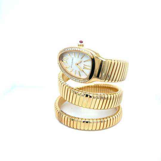 Bulgari Serpenti Tubogas SP35G Yellow Gold White Dial Diamond Bezel