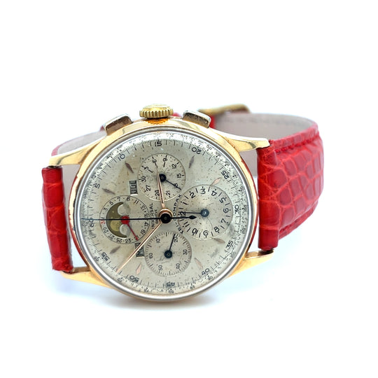 1940s Universal Genève 12266 Tri-Compax Day Date Month Moon Phases Chronograph Rose Gold