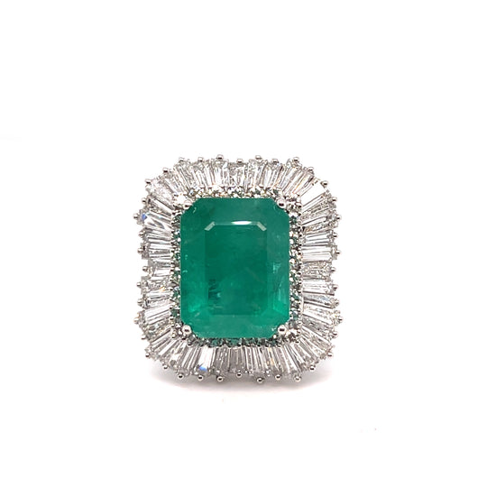 Platinum Emerald Cocktail Ring with Diamond Baguettes
