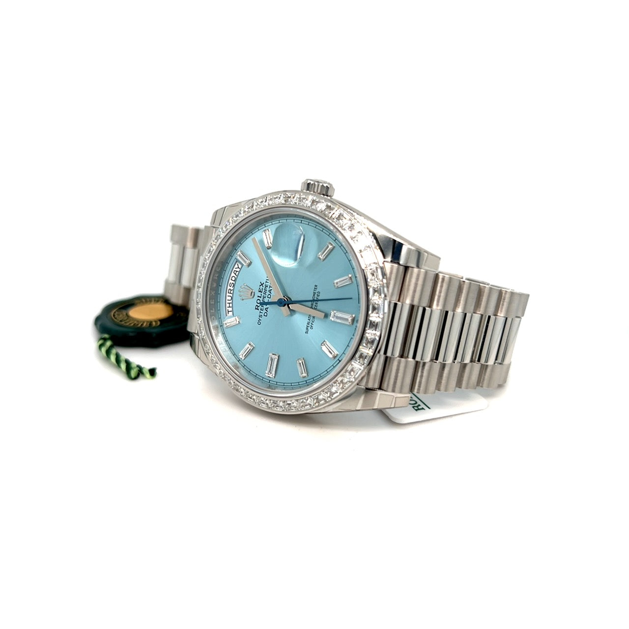 2025 Rolex Day-Date 40 228396TBR Platinum Ice Blue Diamond Dial Diamond Bezel