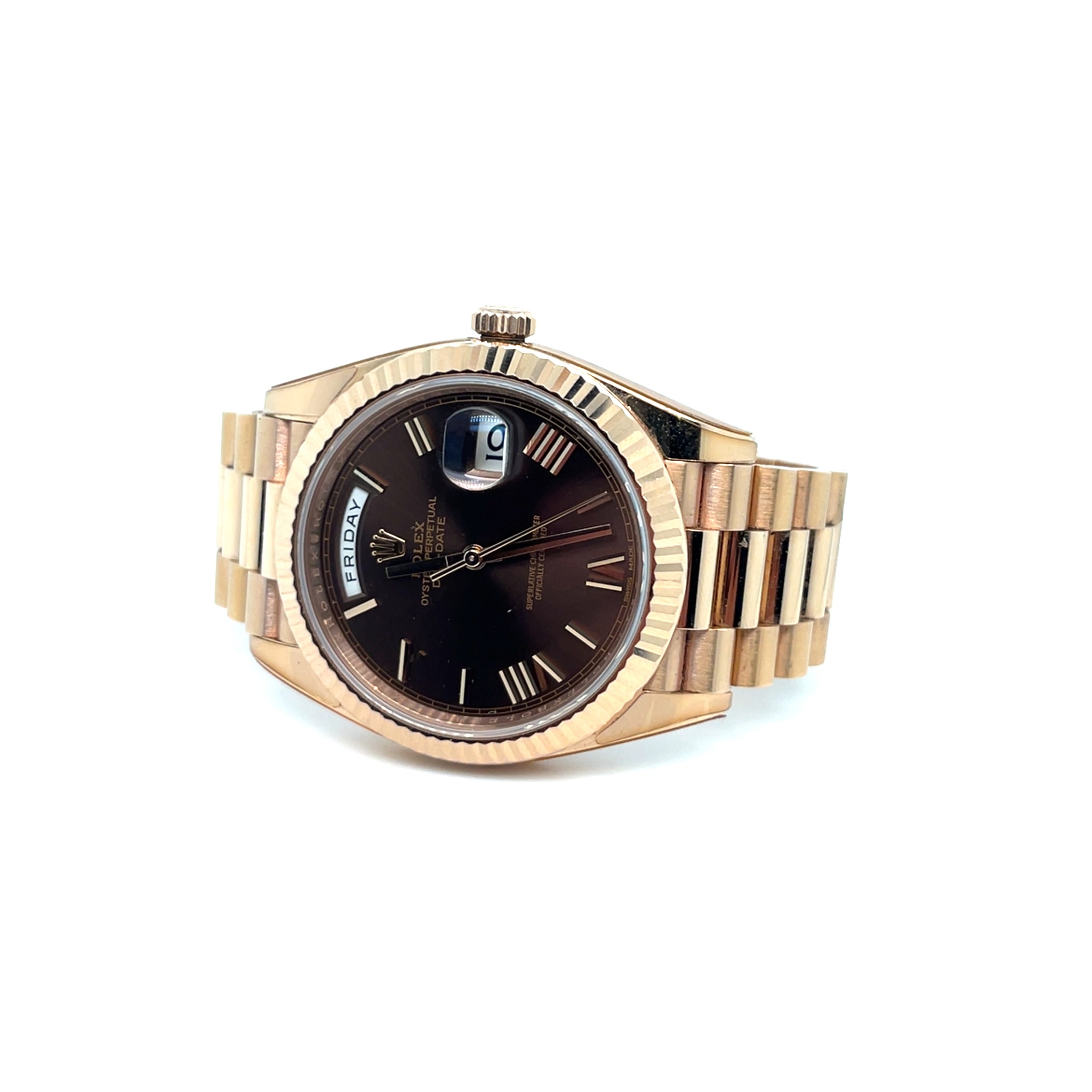 2019 Rolex Day-Date 40 228235 Rose Gold Chocolate Roman Numeral Dial